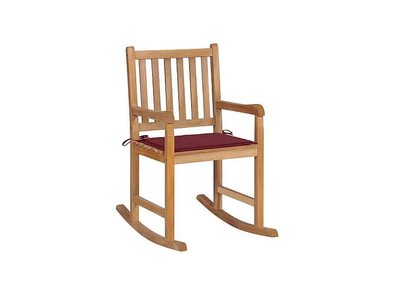 Chaise à bascule avec coussin rouge bordeaux Bois de teck