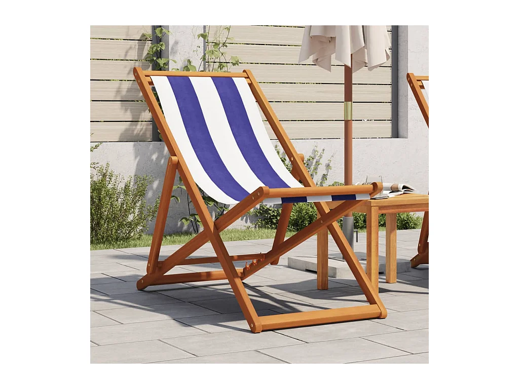 Chaise de plage pliable bleu et blanc bois d'eucalyptus/tissu