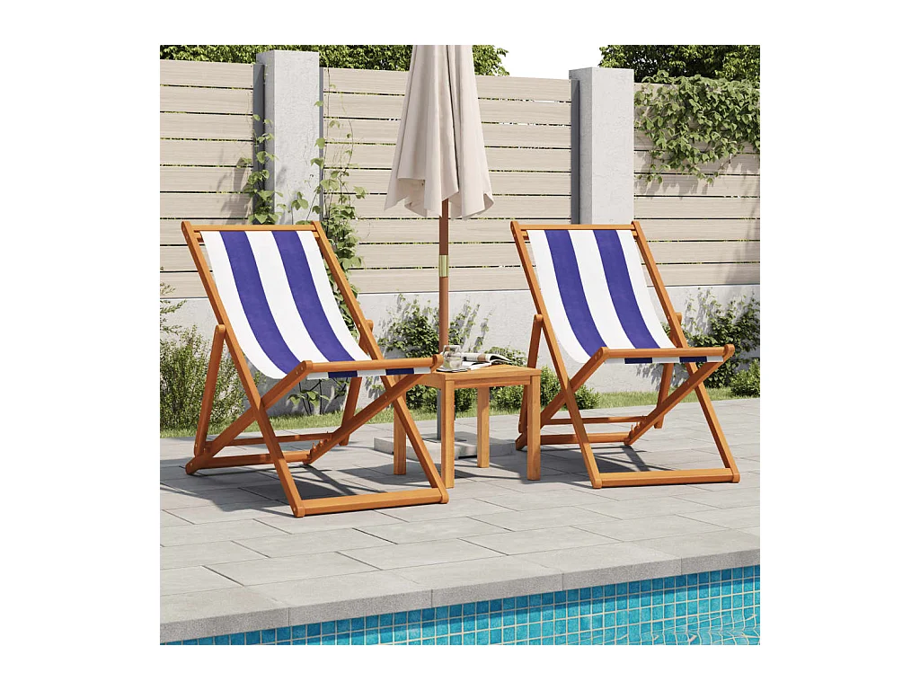Chaise de plage pliable bleu et blanc bois d'eucalyptus/tissu