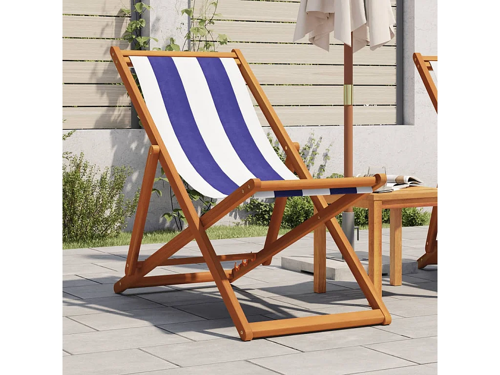 Chaise de plage pliable bleu et blanc bois d'eucalyptus/tissu