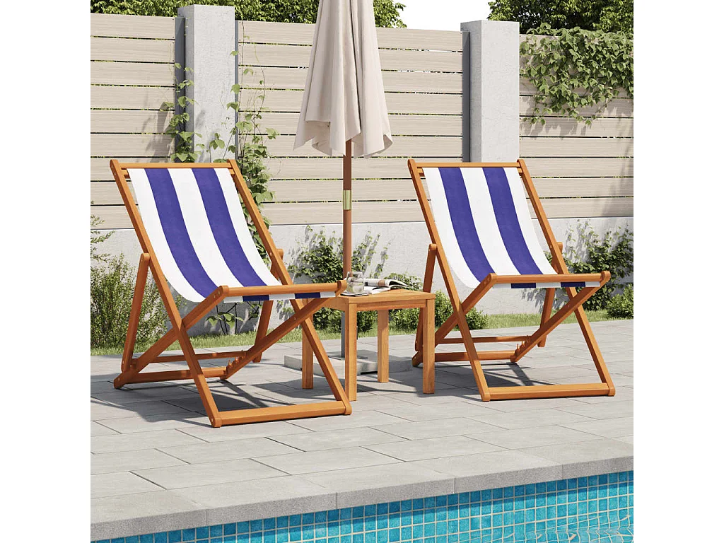Chaise de plage pliable bleu et blanc bois d'eucalyptus/tissu