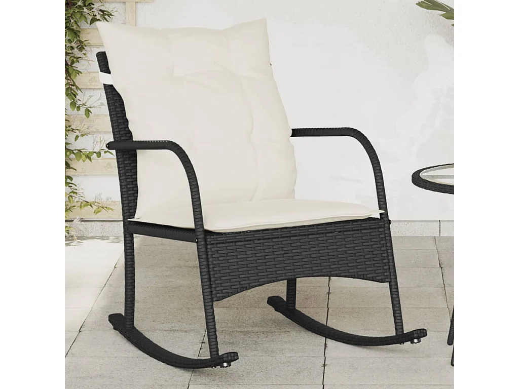 Cadeira de baloiço para jardim com almofadões vime PE preto