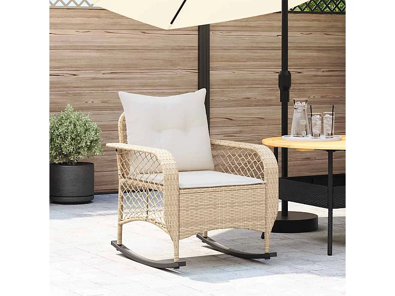 Silla mecedora de jardín con cojines ratán sintético beige