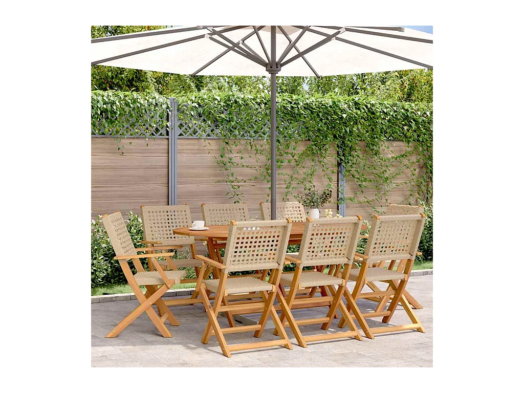 Sillas de jardín plegables 8 unidades madera maciza y ratán PE beige