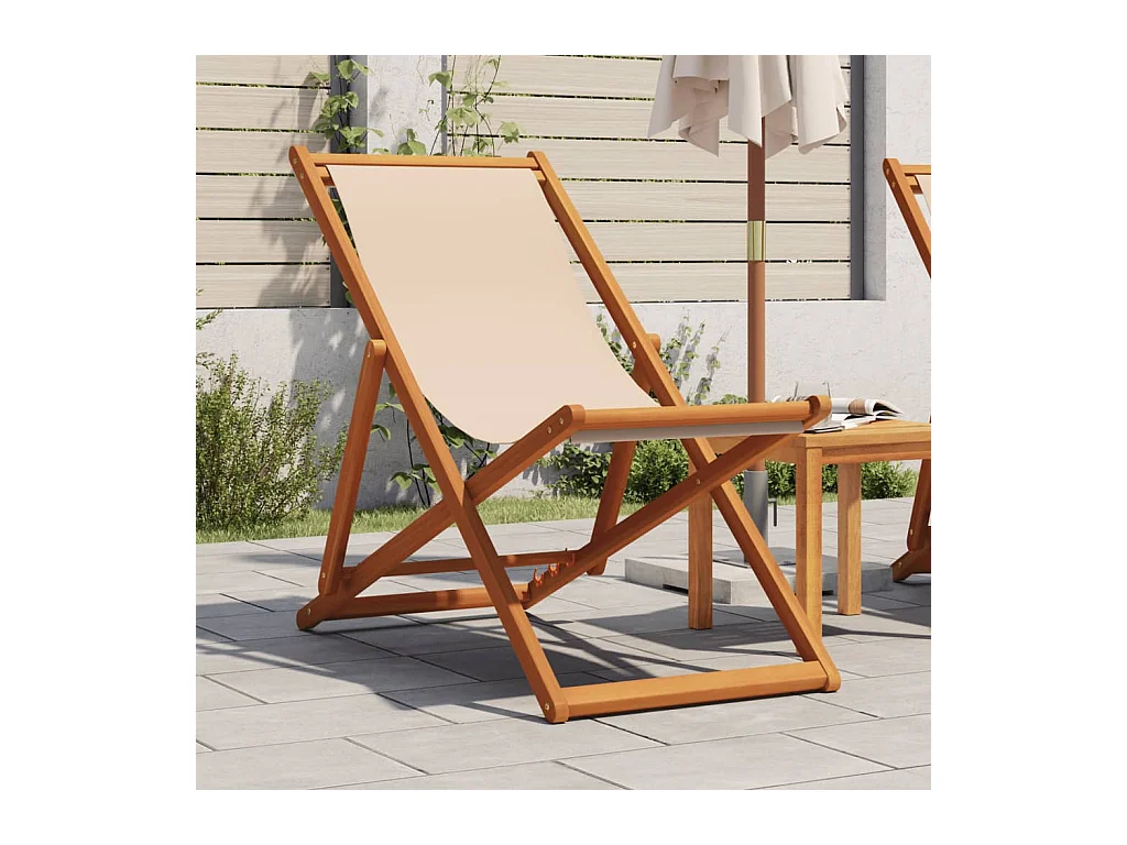 Chaise pliable de plage beige bois massif d'eucalyptus et tissu