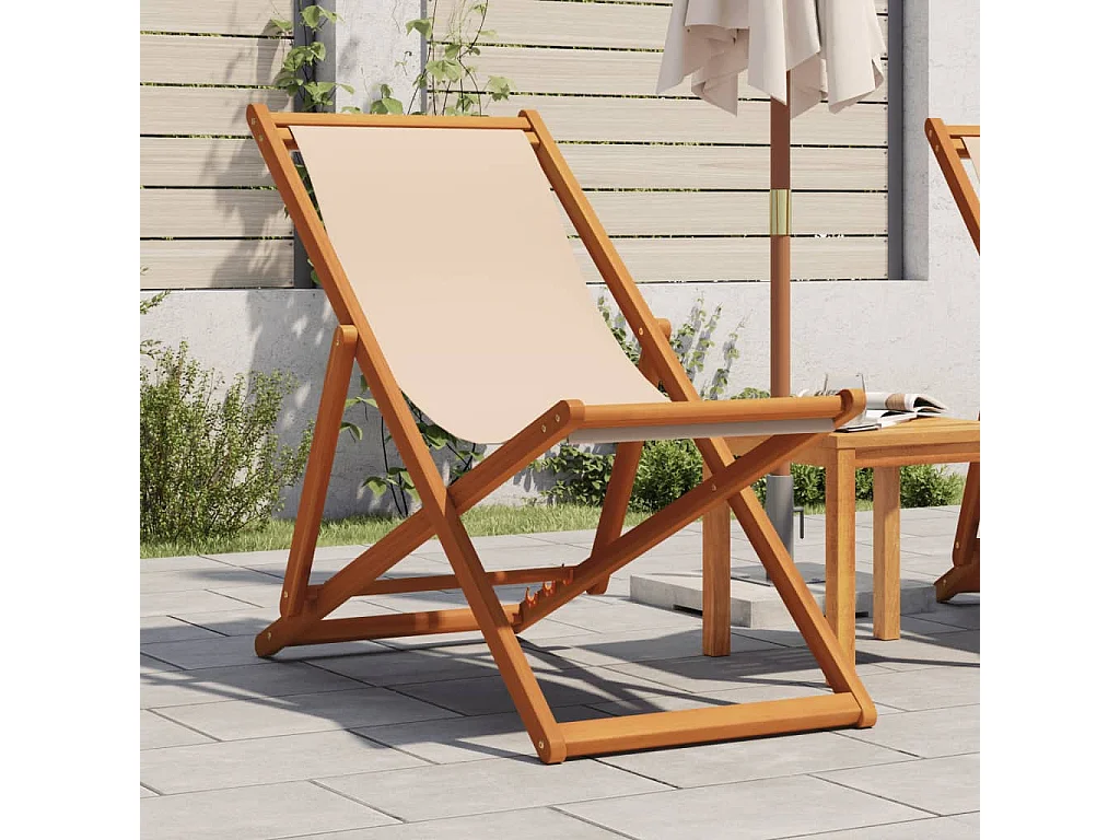 Silla de playa plegable madera maciza de eucalipto y tela beige