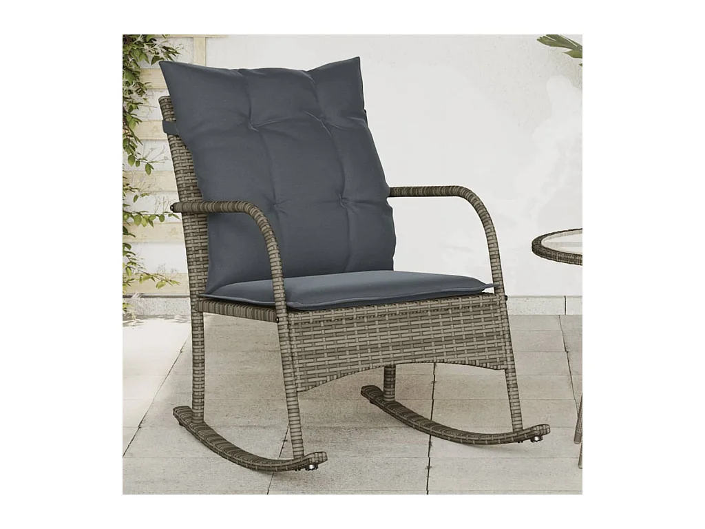 Chaise à bascule de jardin avec coussins gris résine tressée