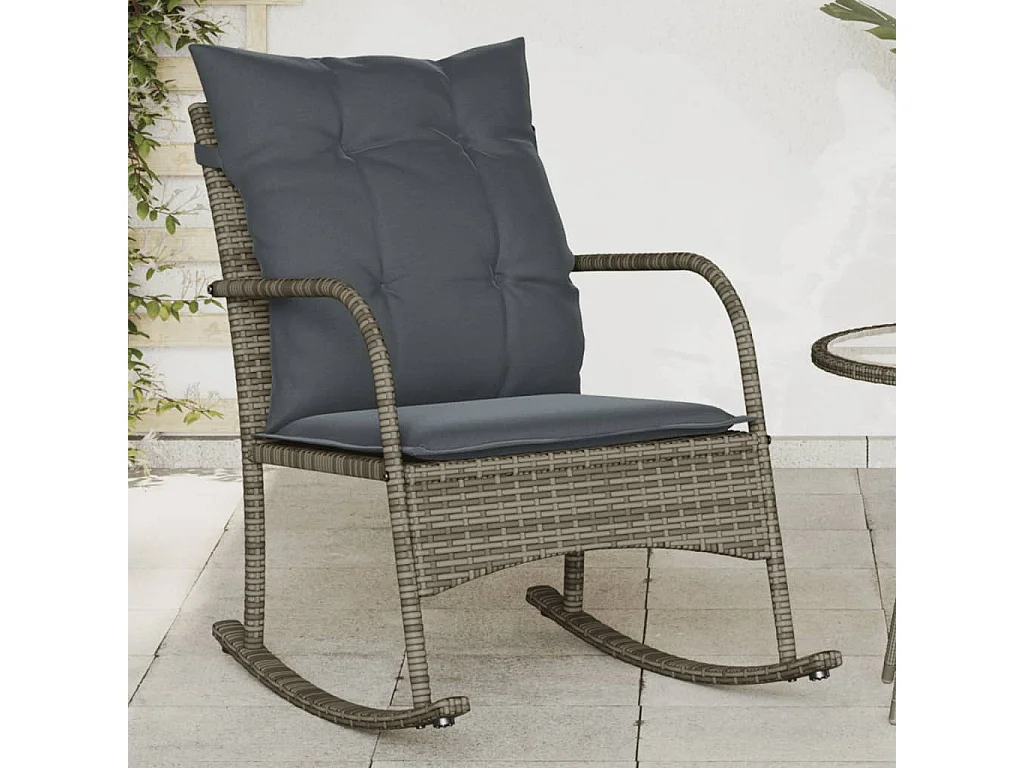 Chaise à bascule de jardin avec coussins gris résine tressée