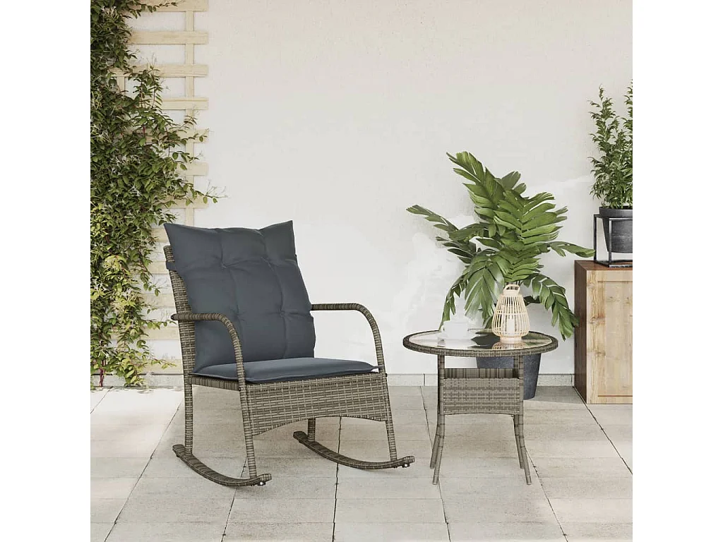 Chaise à bascule de jardin avec coussins gris résine tressée