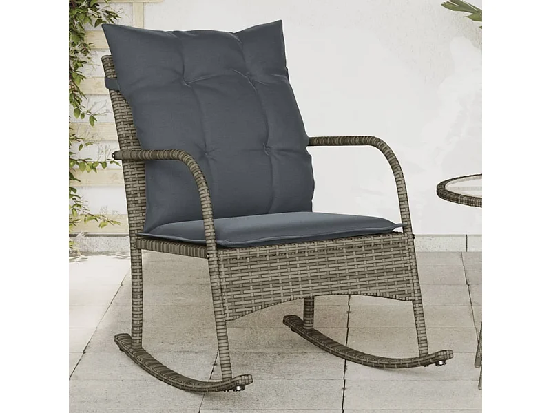 Chaise à bascule de jardin avec coussins gris résine tressée