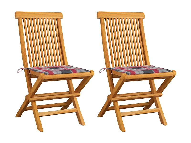 Chaises de jardin 2 pièces avec coussins à carreaux rouge Teck