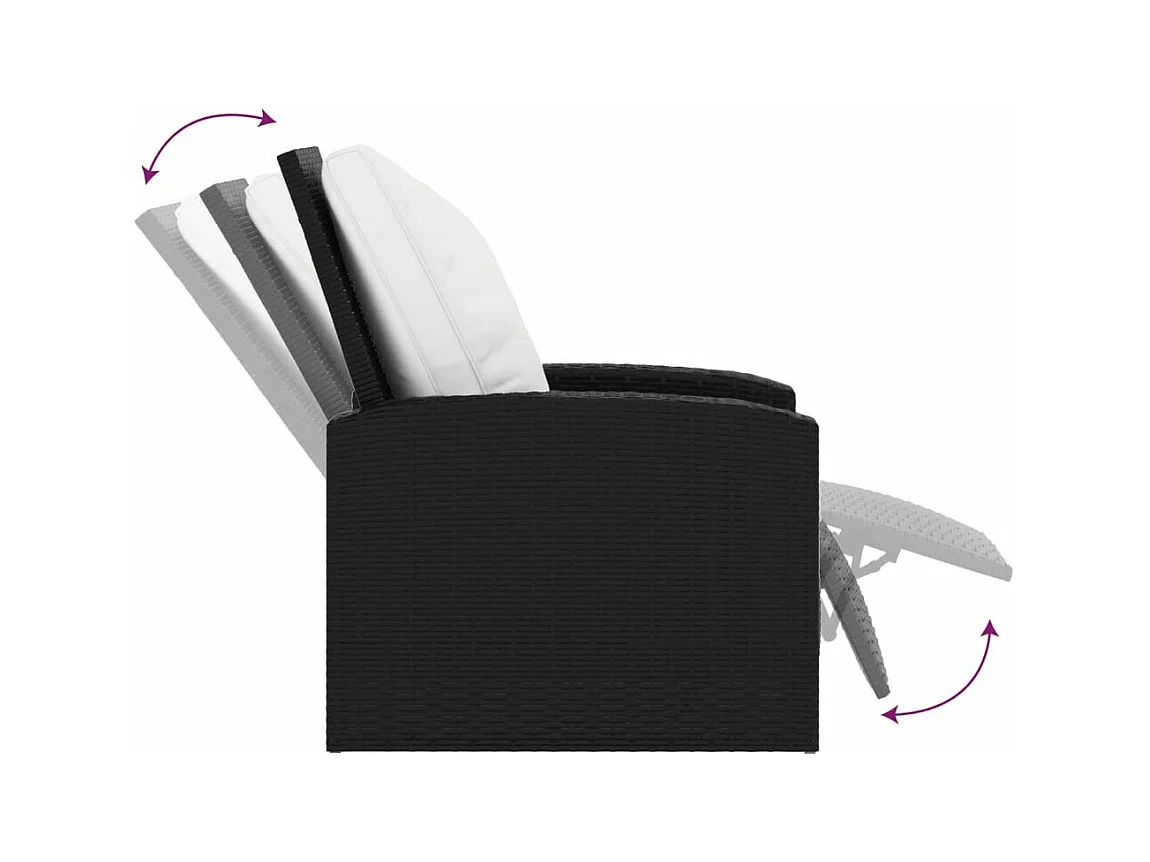 Fauteuil inclinable de jardin avec coussins noir résine tressée