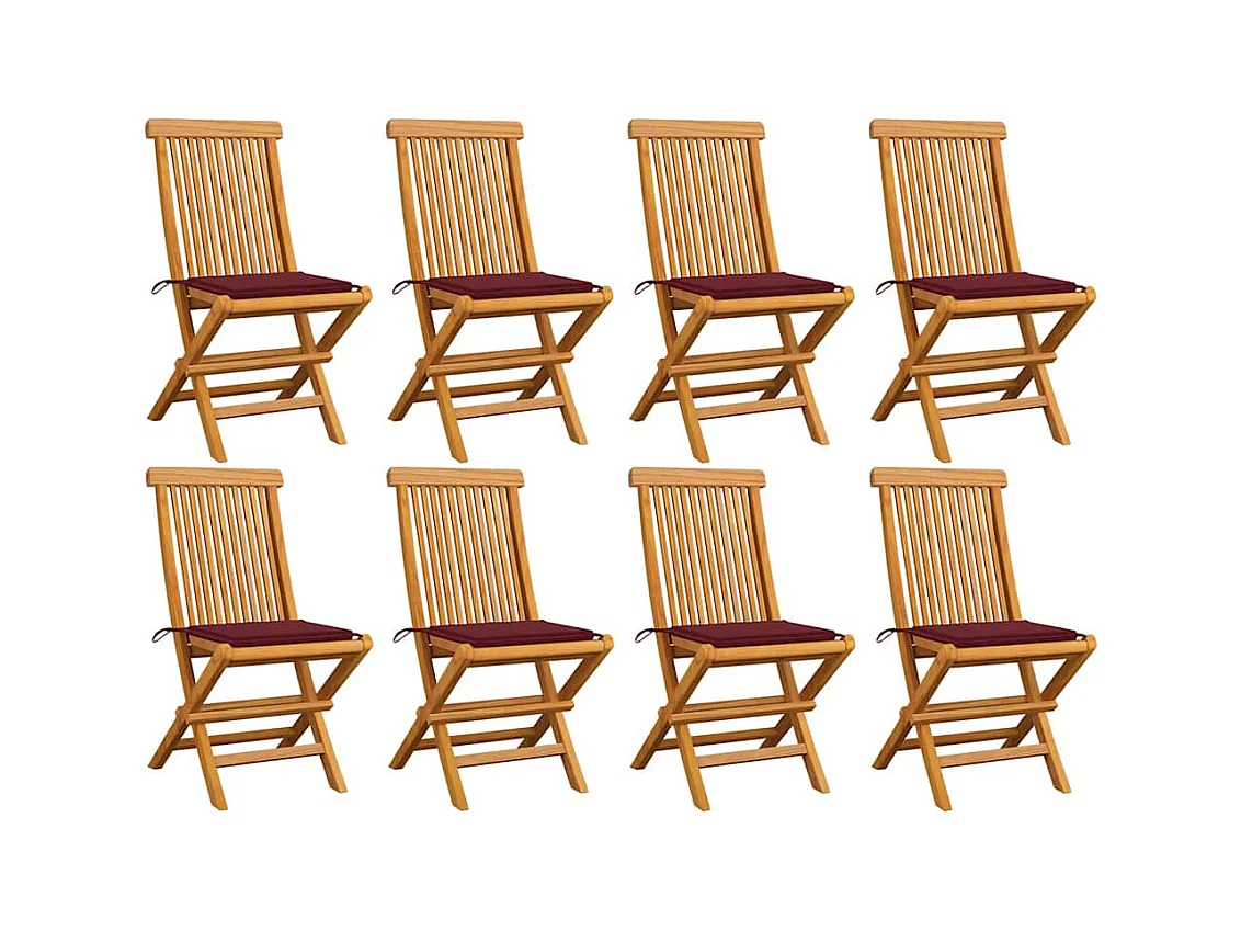 Tuinstoelen 8 st met wijnrode kussens massief teakhout