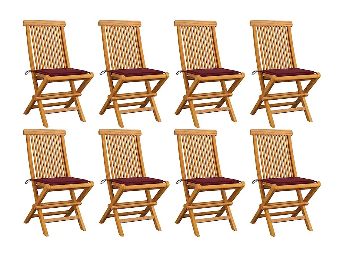 Tuinstoelen 8 st met wijnrode kussens massief teakhout