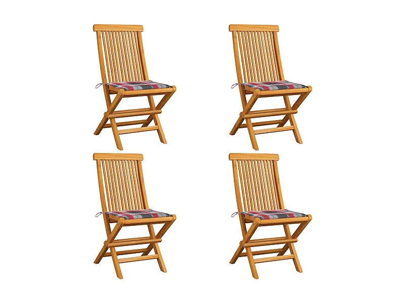 Chaises de jardin et coussins à carreaux rouge 4 pièces Teck massif
