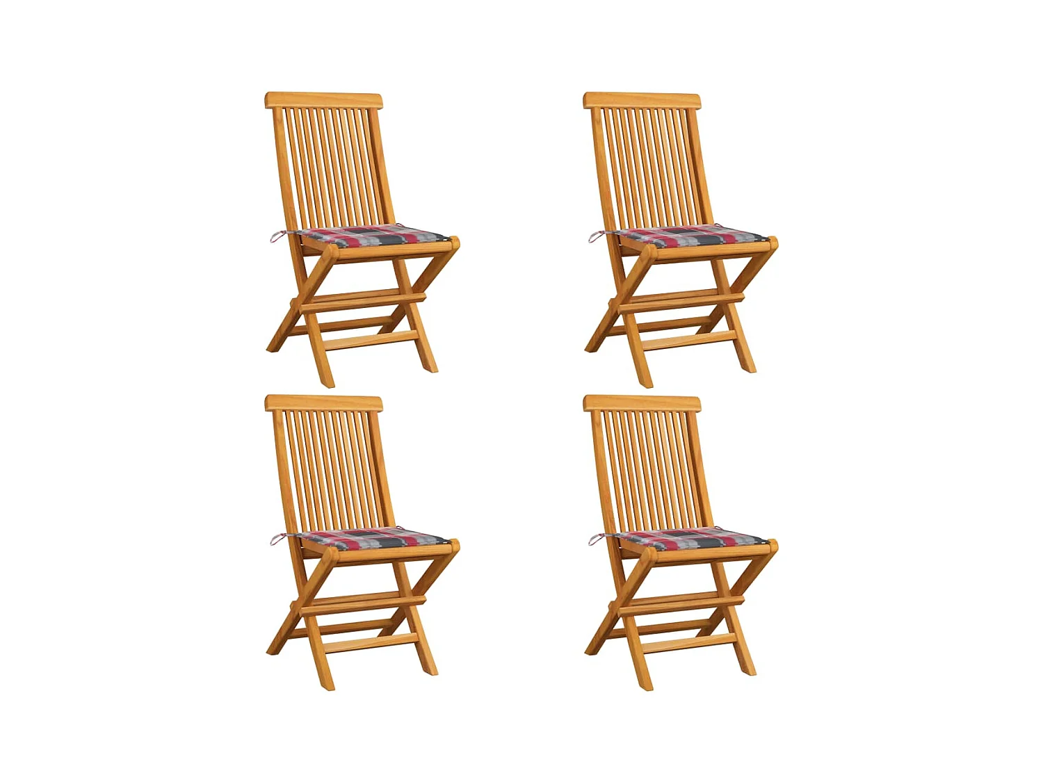 Chaises de jardin et coussins à carreaux rouge 4 pièces Teck massif