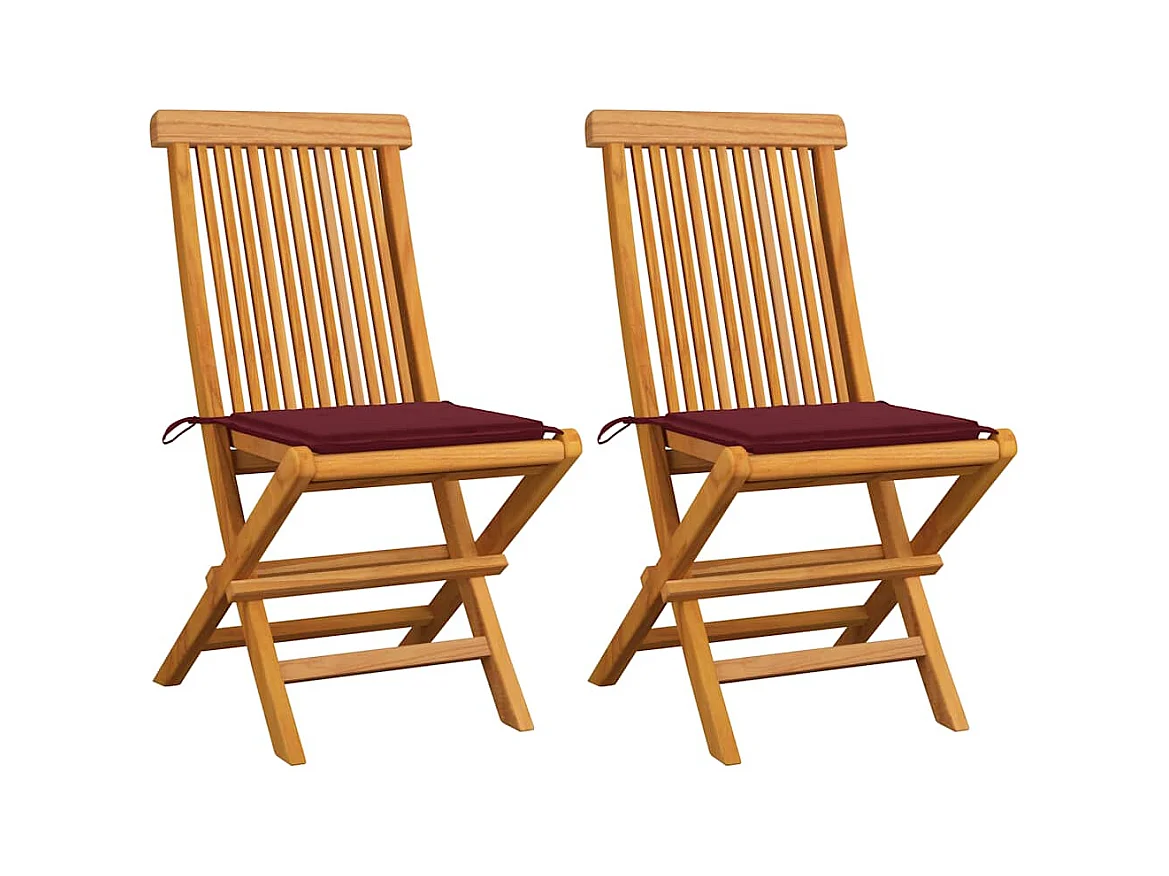 Chaises de jardin avec coussins rouge bordeaux 2 pièces Teck massif