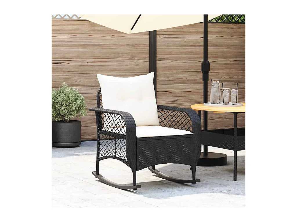 Cadeira de baloiço para jardim com almofadões vime PE preto