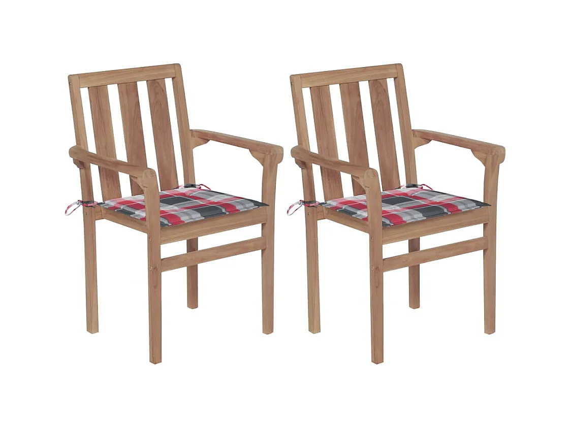 Chaises de jardin 2 pièces avec coussins à carreaux rouge Teck