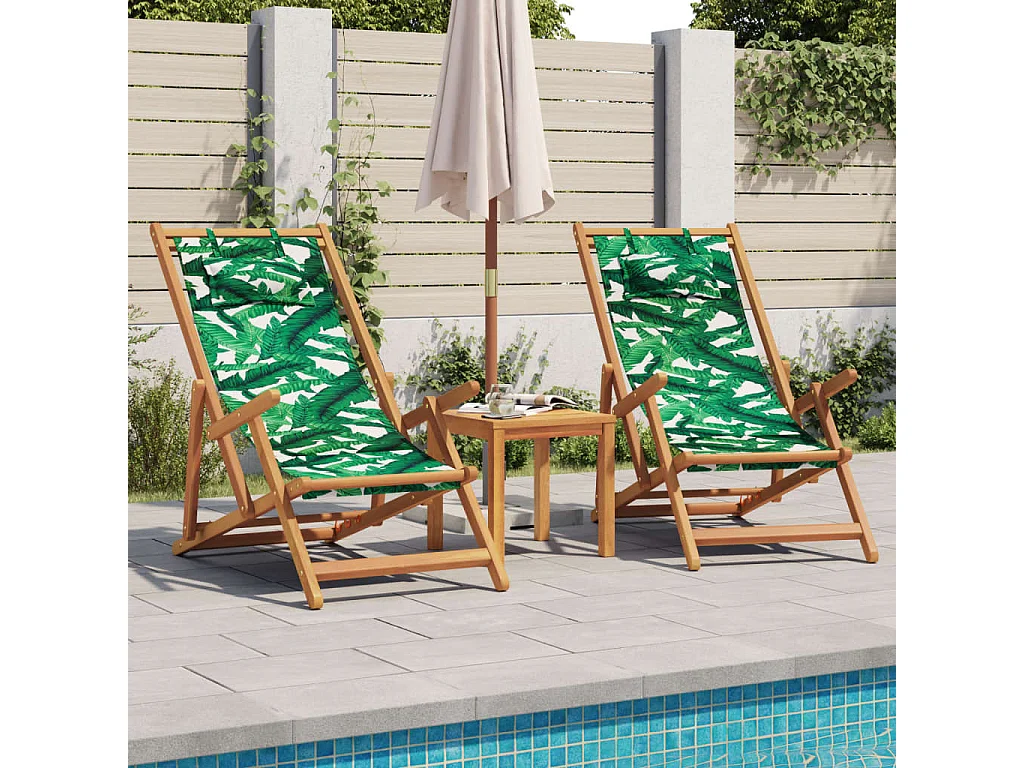 Chaise pliable plage motif de feuilles bois d'eucalyptus/tissu