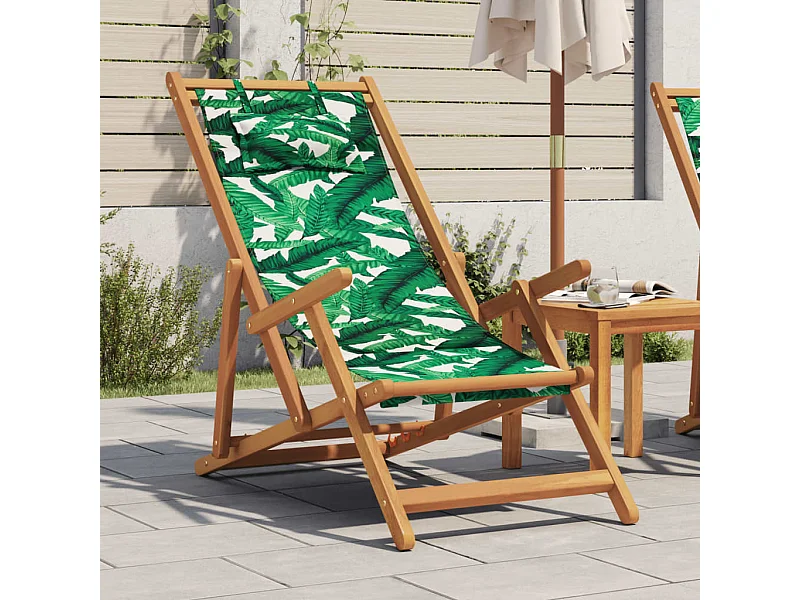 Chaise pliable plage motif de feuilles bois d'eucalyptus/tissu