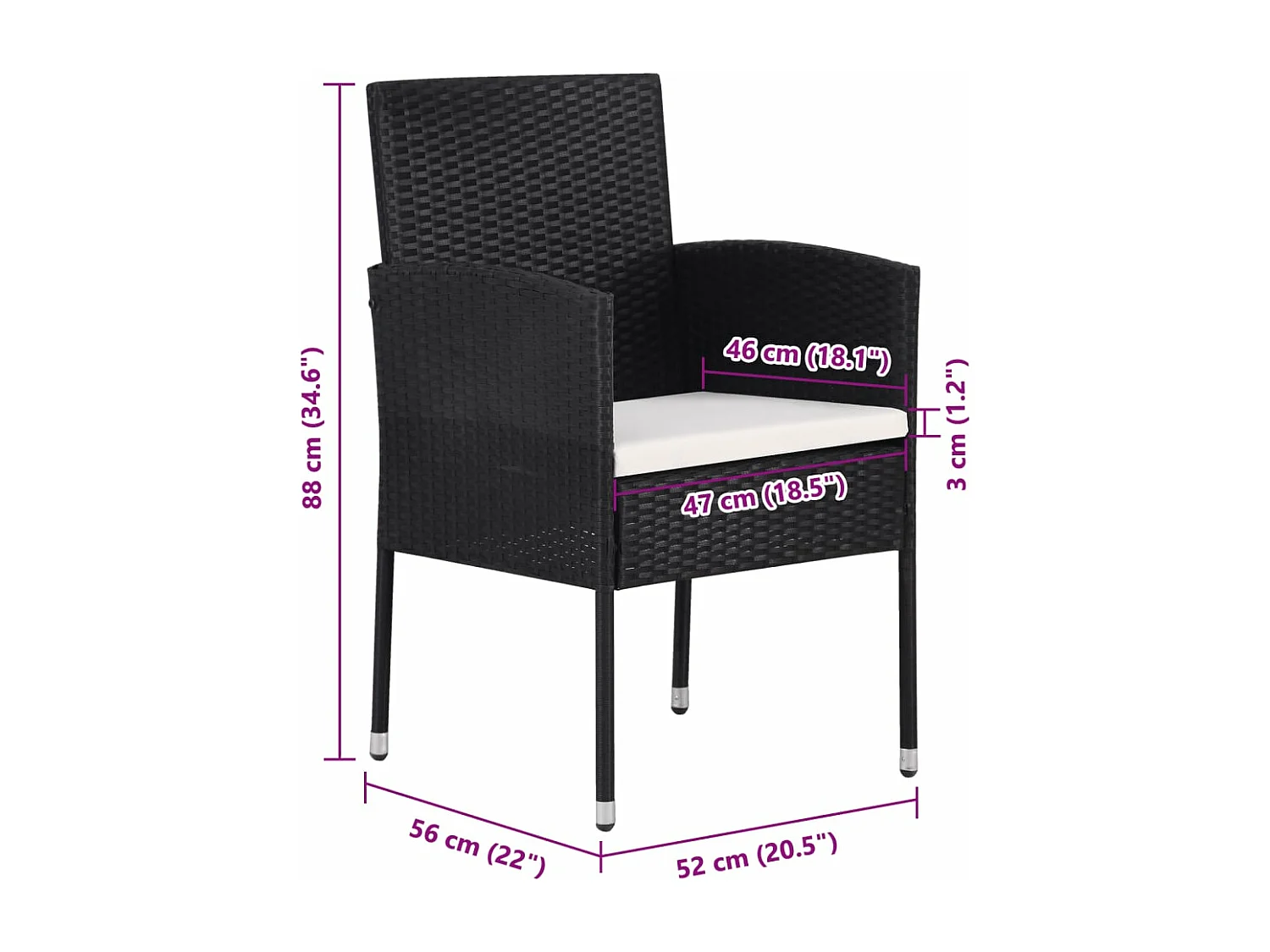 Chaises de jardin coussins blanc crème 2 pièces noir résine tressée