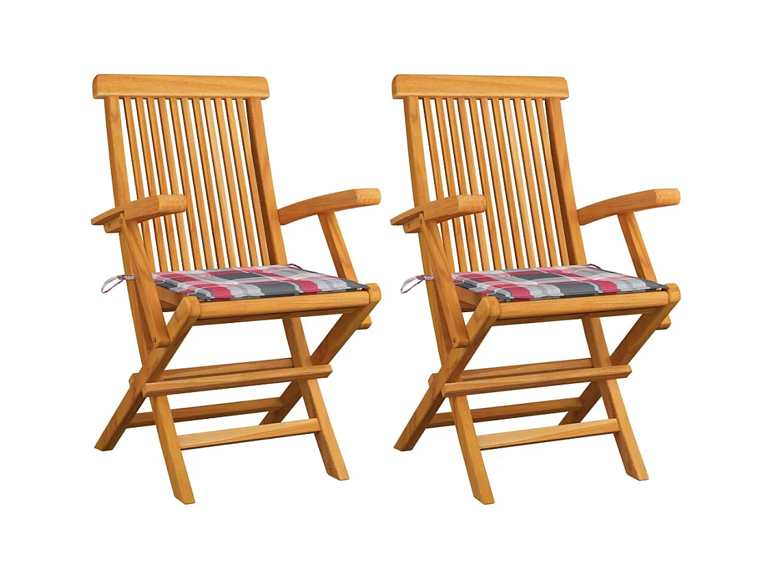 Chaises de jardin 2 pièces avec coussins à carreaux rouge Teck