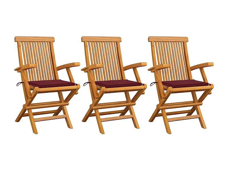 Tuinstoelen 3 stukkenmet wijnrode kussens massief teakhout