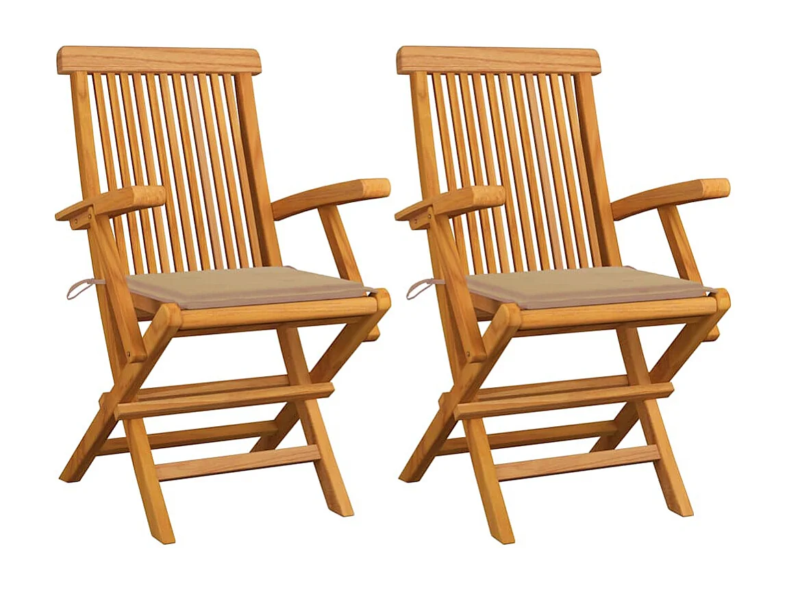 Sillas de jardín 2 unidades madera maciza de teca con cojines beige