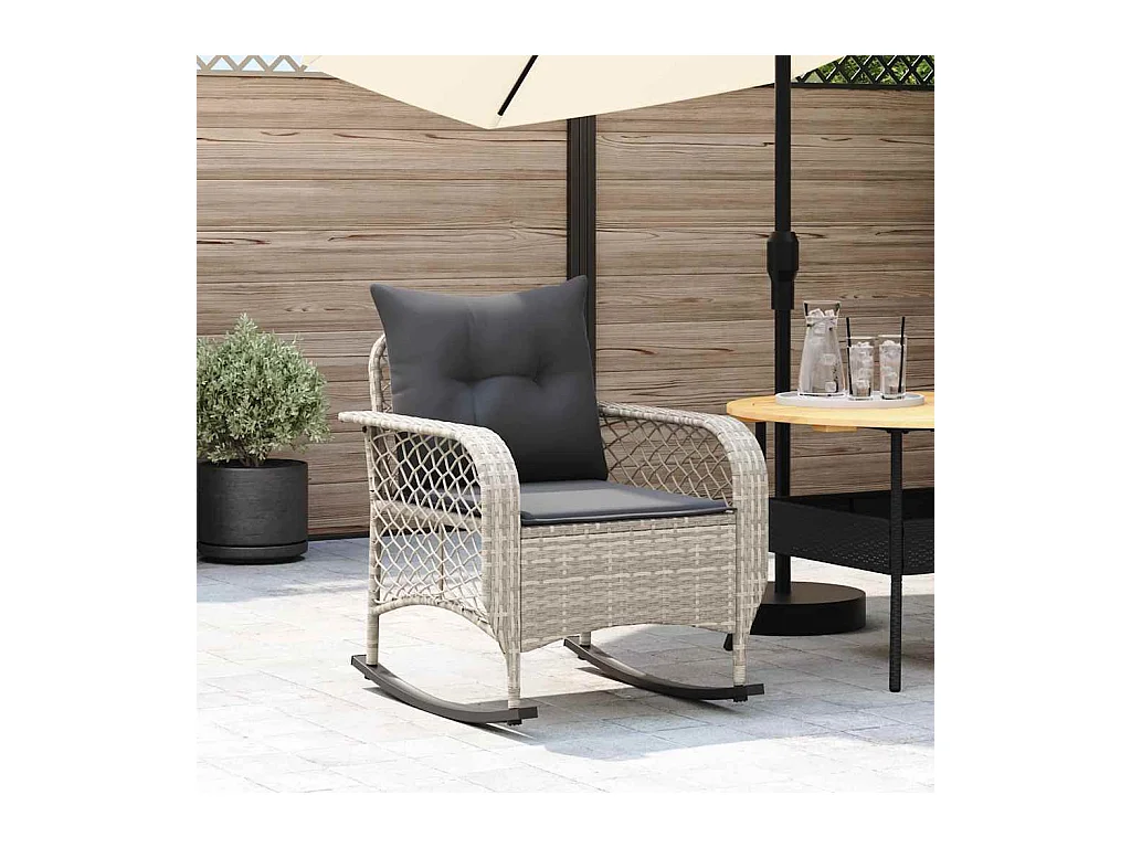 Chaise à bascule de jardin avec coussins gris clair poly rotin