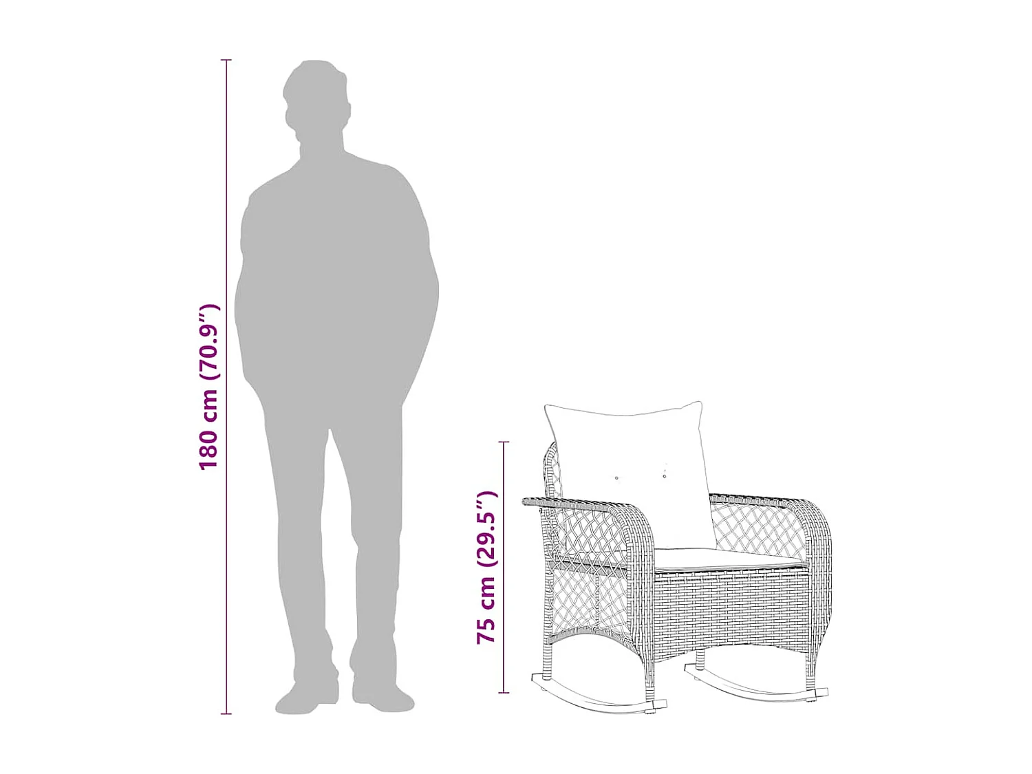 Chaise à bascule de jardin avec coussins gris clair poly rotin