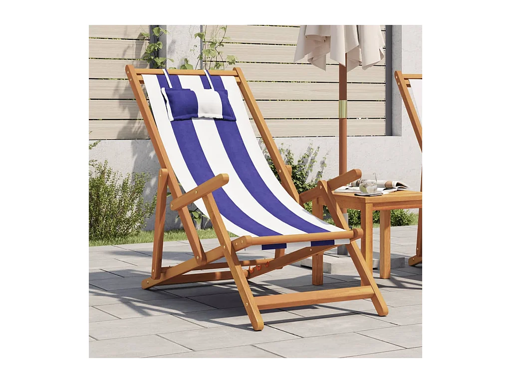 Strandstoel inklapbaar eucalyptushout en stof blauw en wit