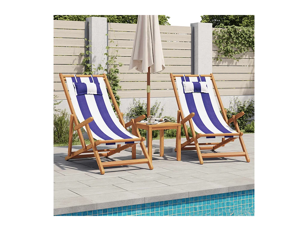 Silla playa plegable madera maciza eucalipto y tela azul blanco