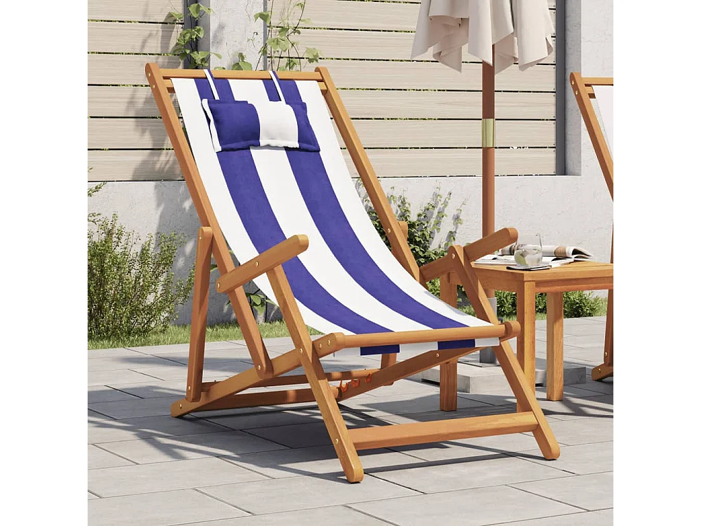 Chaise de plage pliable bleu et blanc bois d'eucalyptus/tissu