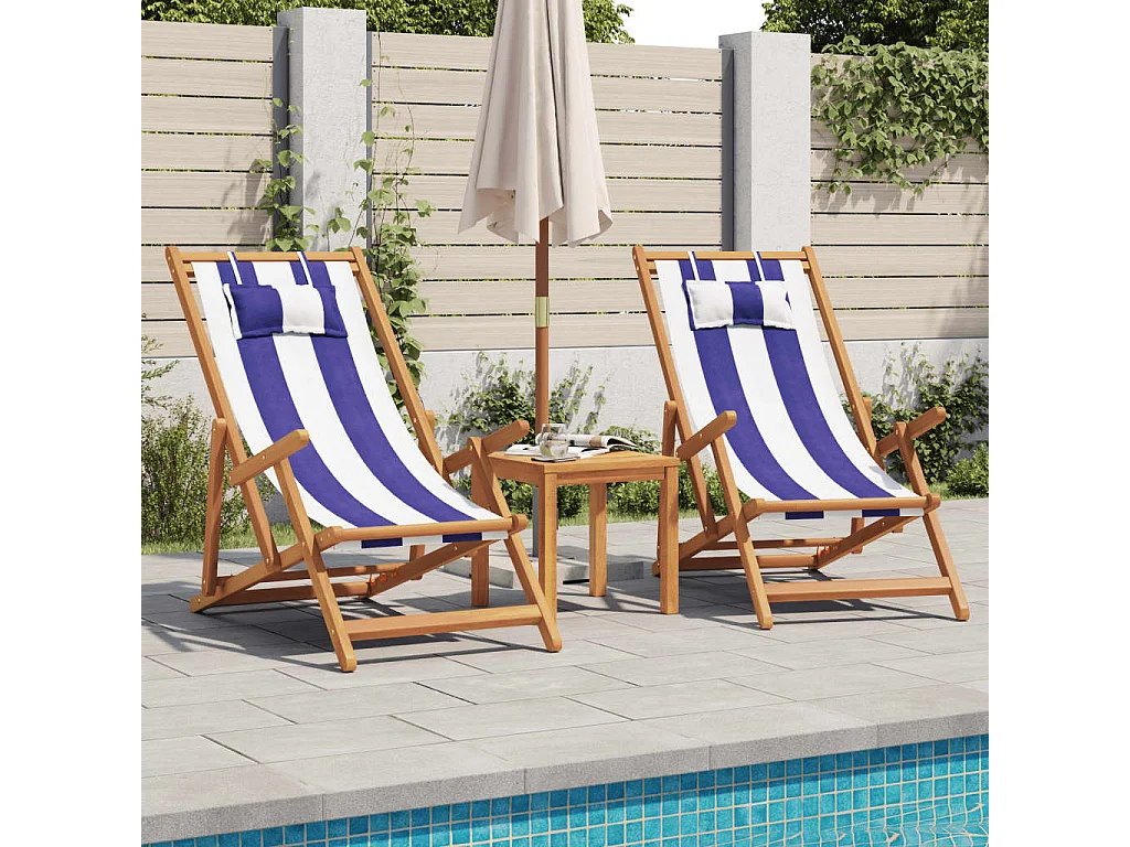 Chaise de plage pliable bleu et blanc bois d'eucalyptus/tissu