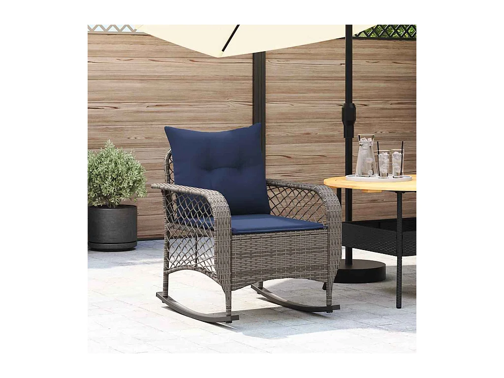 Chaise à bascule de jardin avec coussins gris résine tressée