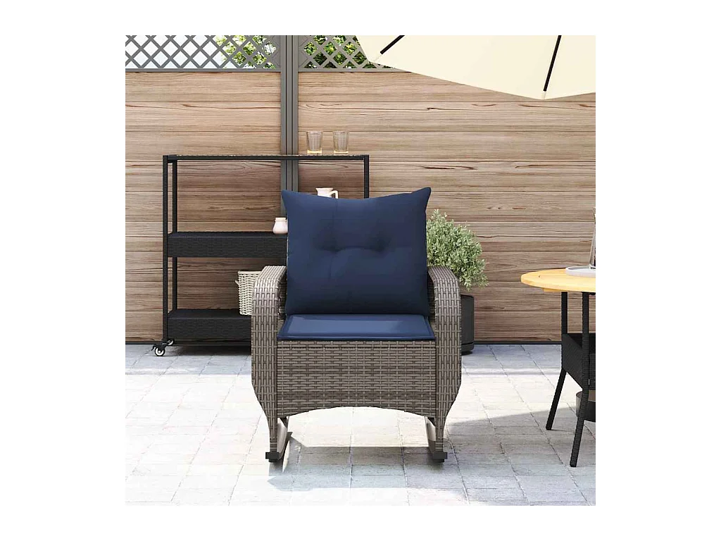 Chaise à bascule de jardin avec coussins gris résine tressée