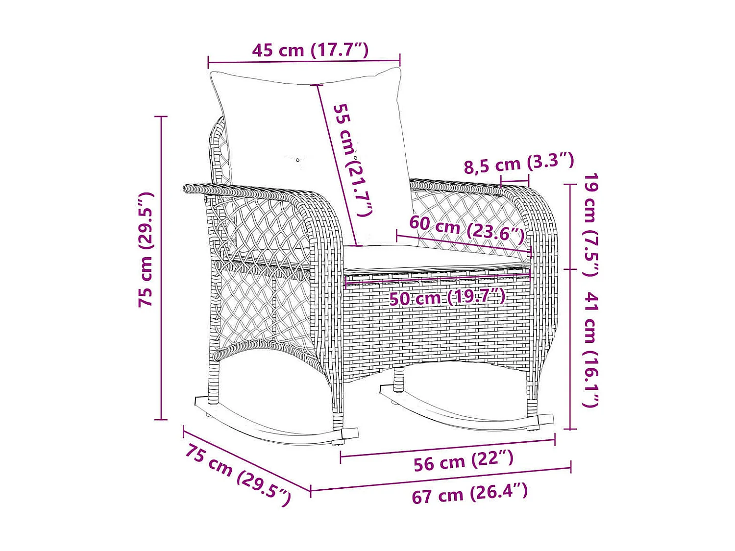 Chaise à bascule de jardin avec coussins gris résine tressée