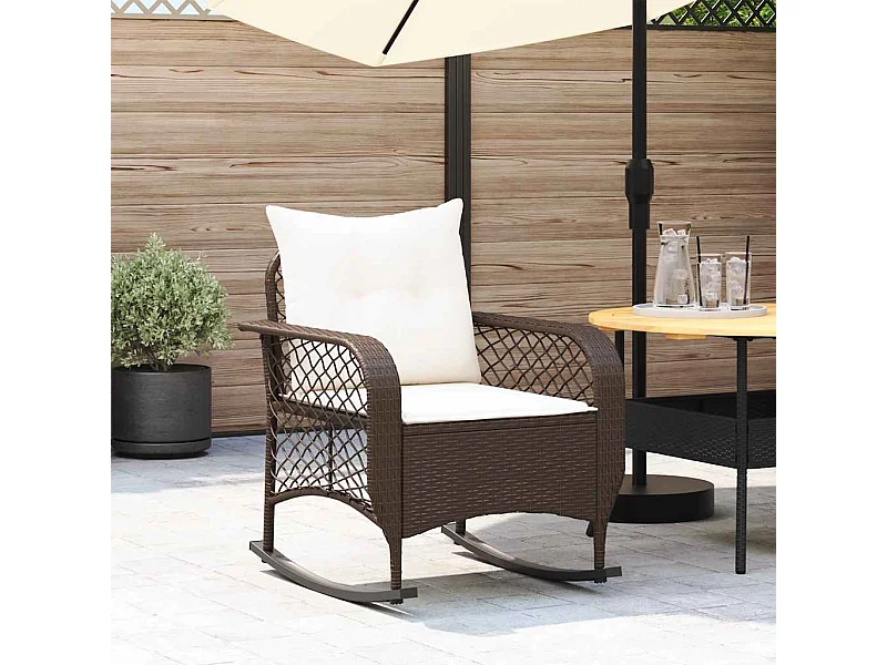 Chaise à bascule de jardin avec coussins marron résine tressée