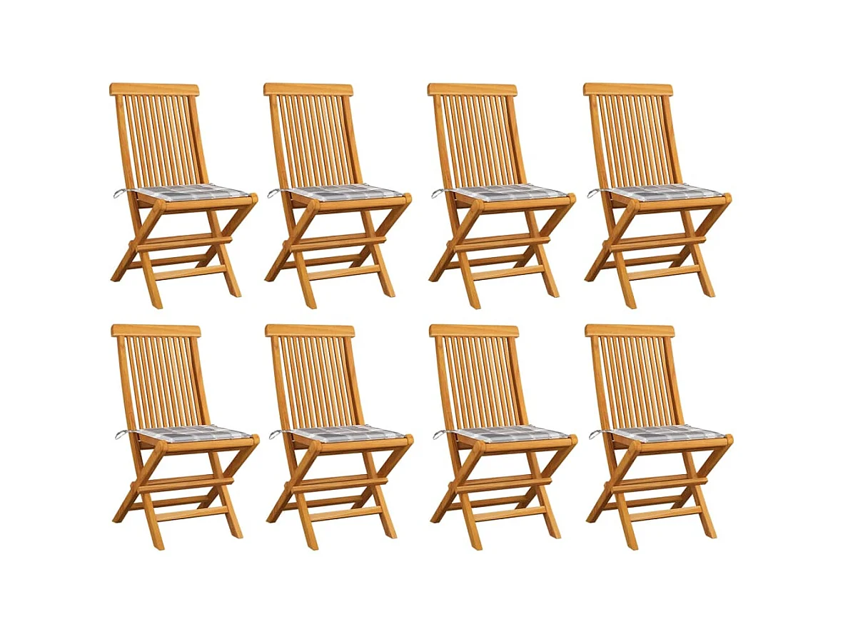 Chaises de jardin et coussins à carreaux gris 8 pièces Teck massif