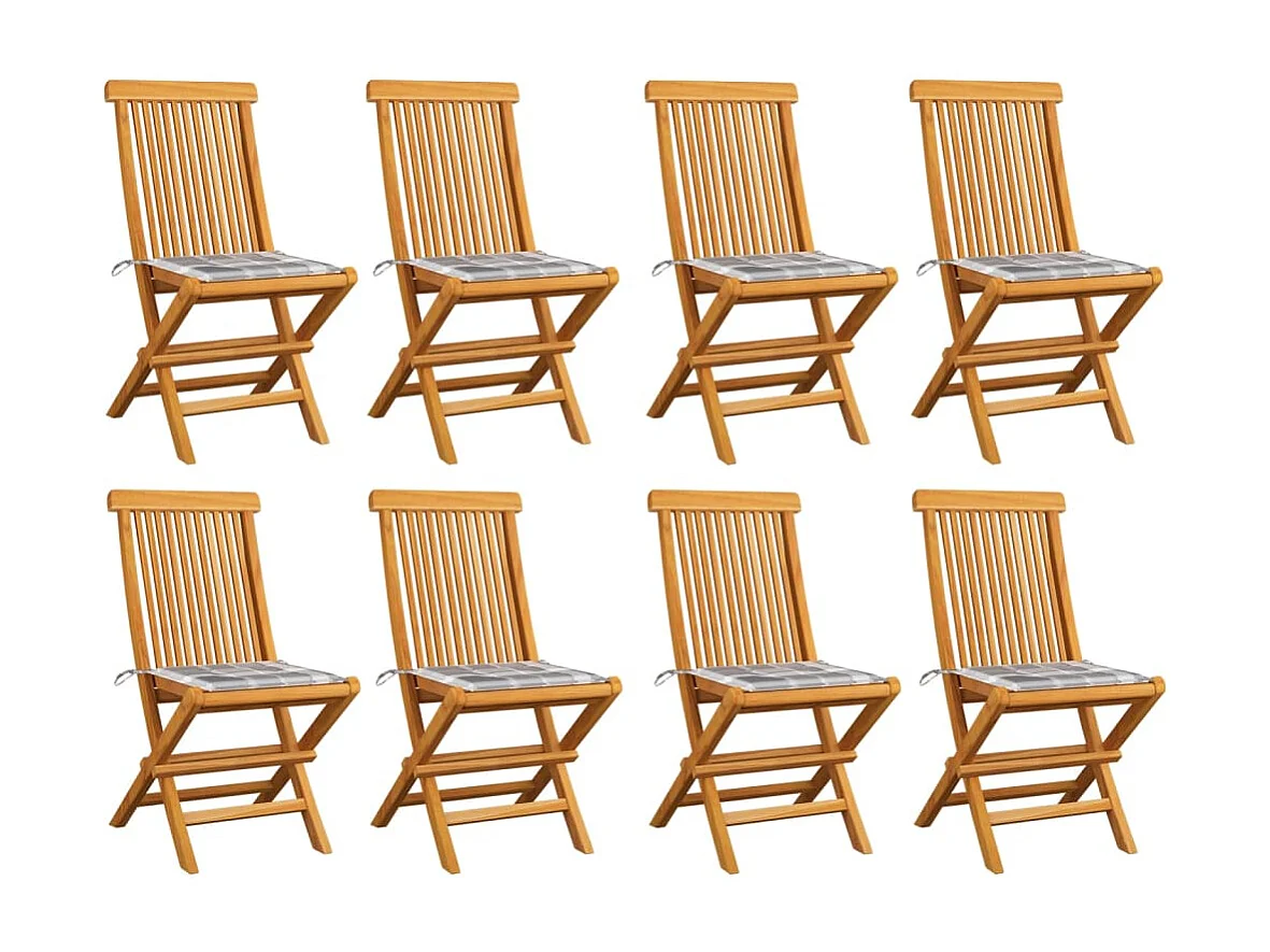 Cadeiras de jardim com almofadões xadrez cinzento 8 peças teca