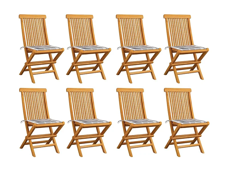 Cadeiras de jardim com almofadões xadrez cinzento 8 peças teca