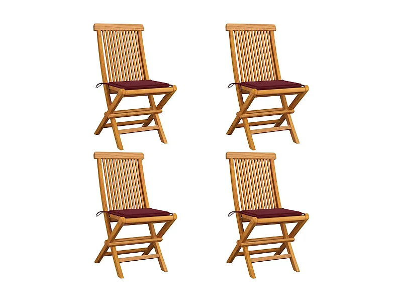 Chaises de jardin avec coussins rouge bordeaux 4 pièces Teck massif