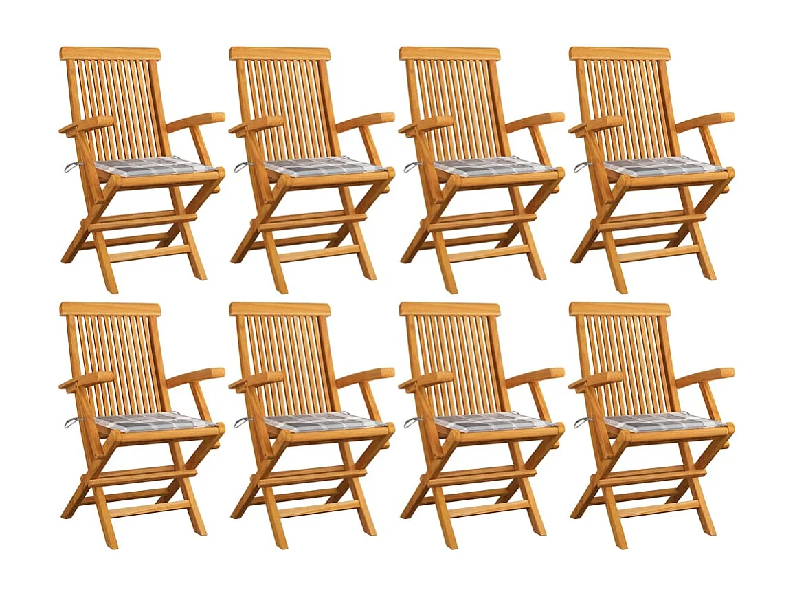 Sillas de jardín 8 unidades madera teca con cojines a cuadros grises
