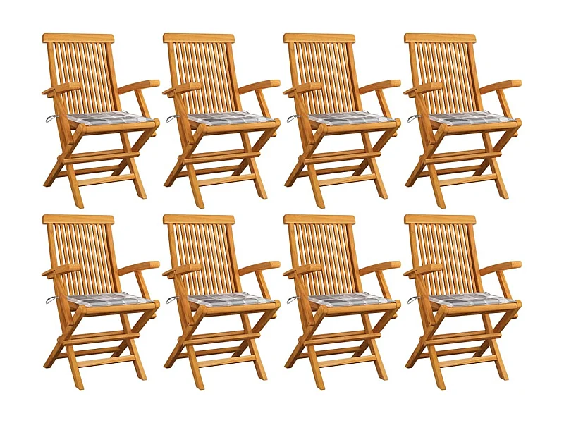 Sillas de jardín 8 unidades madera teca con cojines a cuadros grises