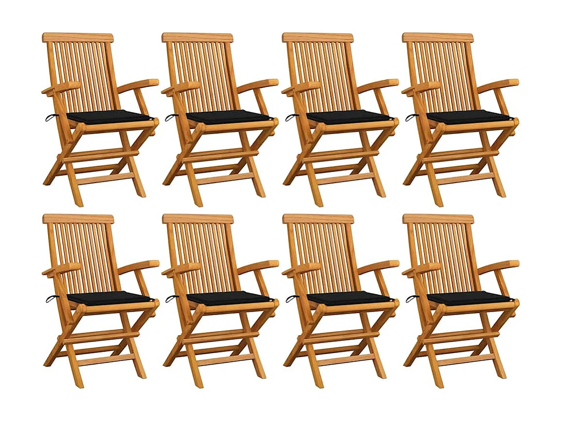 Chaises de jardin avec coussins noir 8 pièces Bois de teck massif