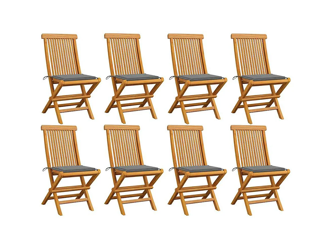 Chaises de jardin avec coussins gris 8 pièces Bois de teck massif