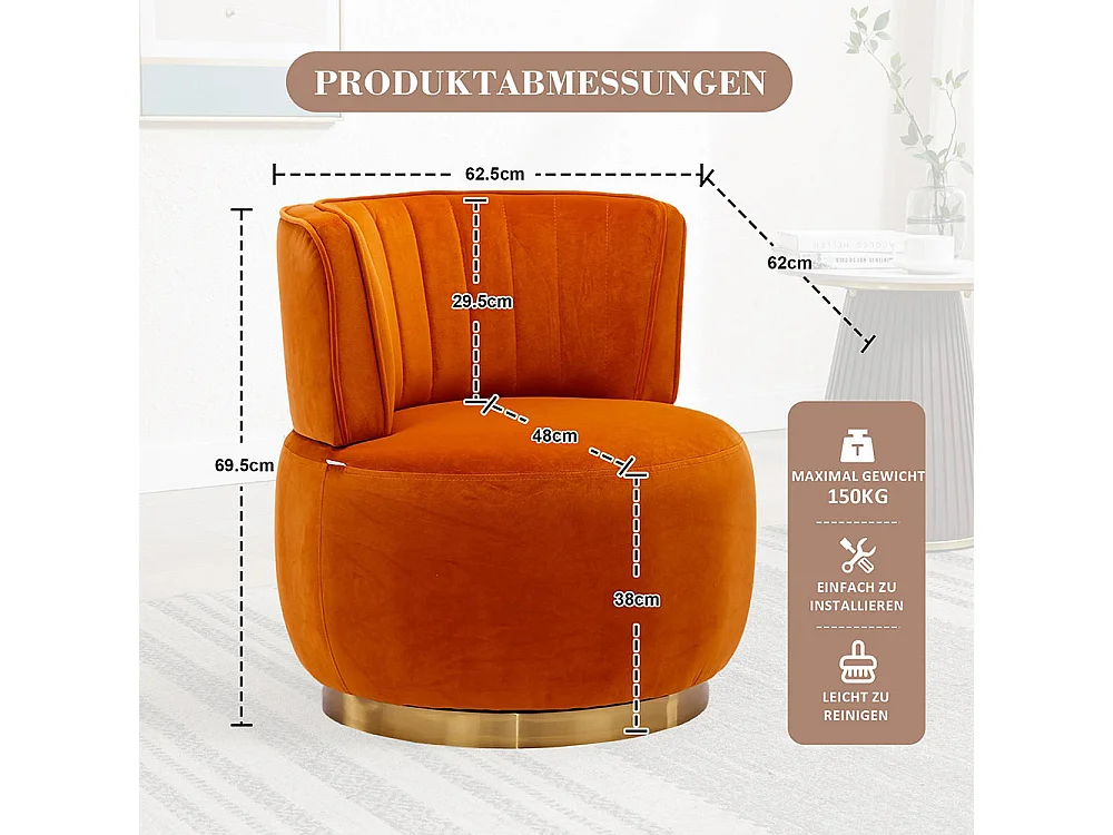 Chaise pivotante à 360 degrés ronde finition en velours doux dossier confortable structure solide orange