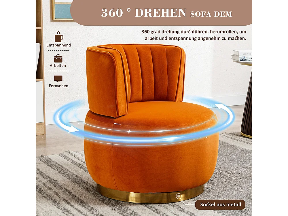 Chaise pivotante à 360 degrés ronde finition en velours doux dossier confortable structure solide orange