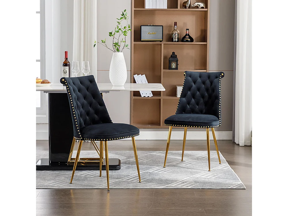 Chaises modernes lot de 2 en velours doux avec assise et dossier noir pieds en métal doré